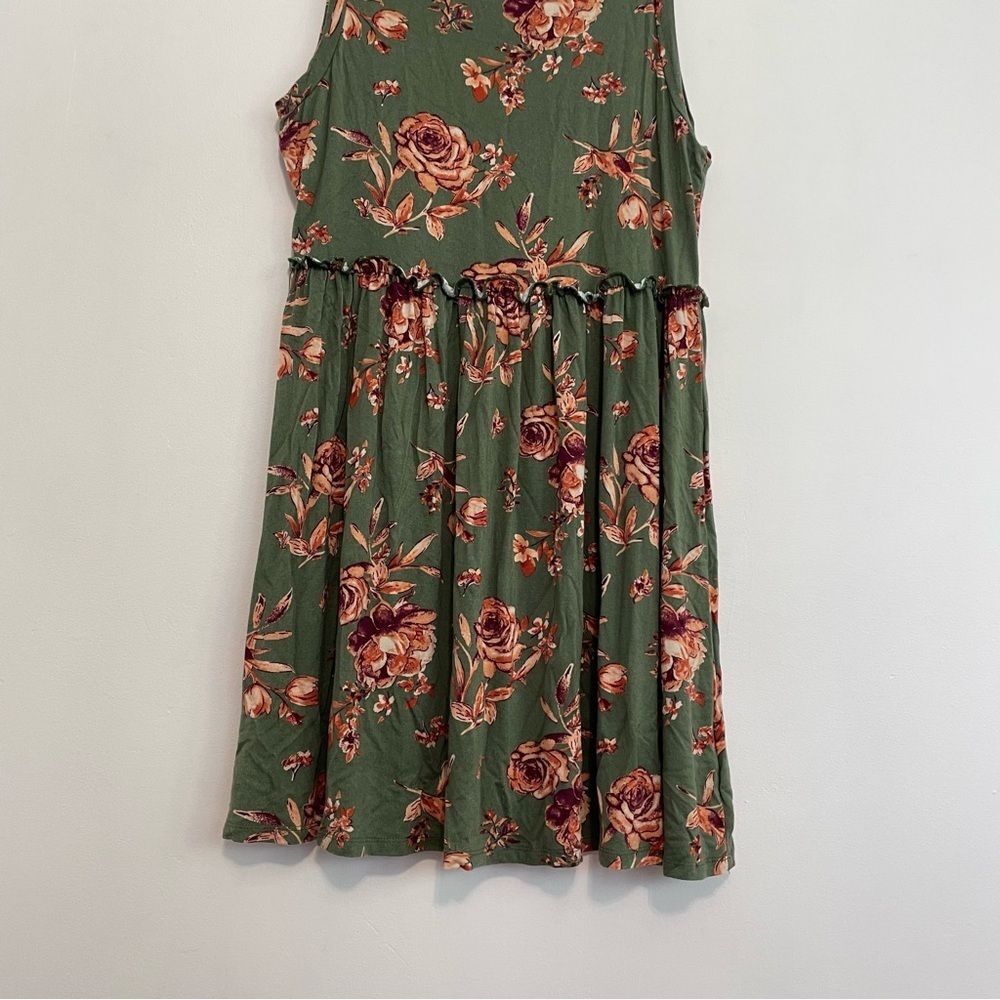 LILY ROSE Olive Green Peach Orange Floral Ruffle Sleeveless Mini Fit Flare Dress - Picture 3 of 12